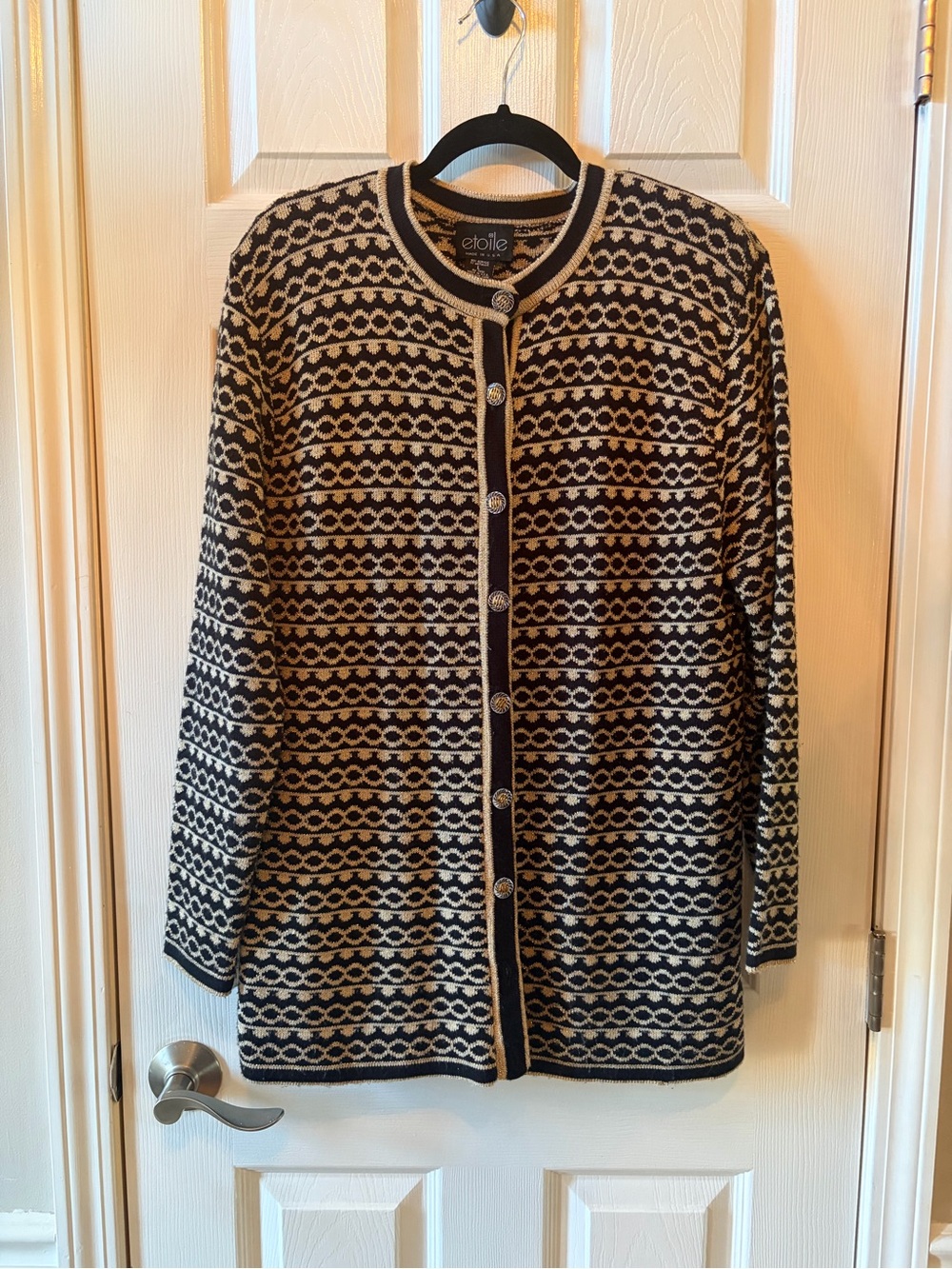VTG Etoile Metallic Gold Black Patterned Cardigan Sweater Sz L